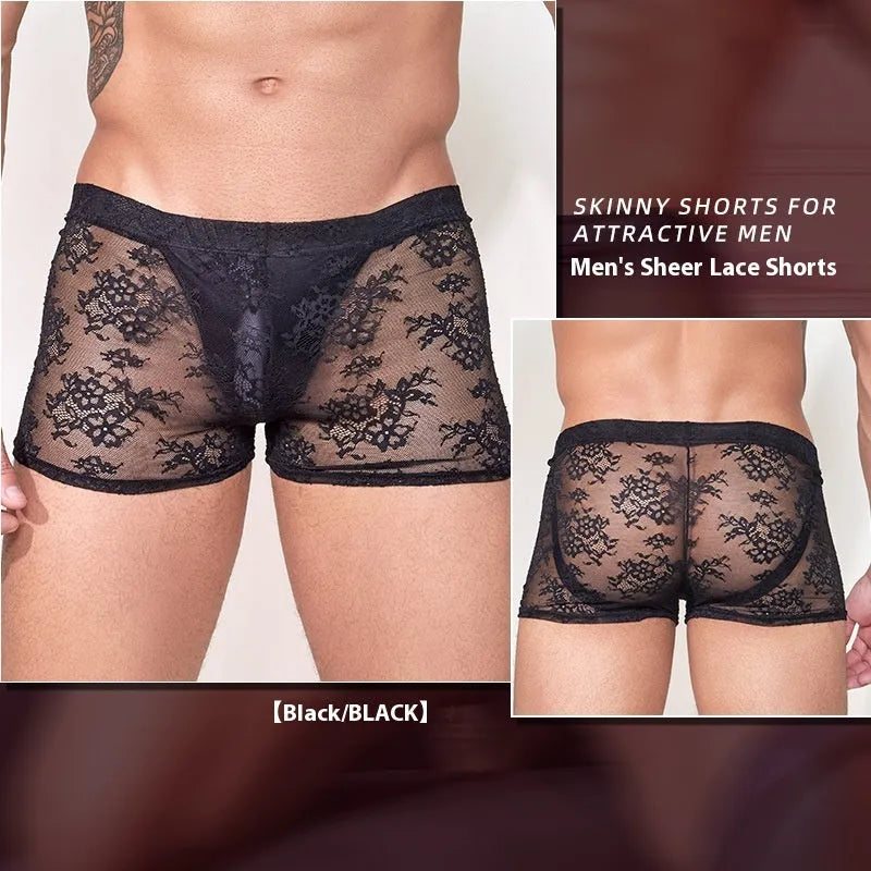 Men's black boxers with lace design detail on a hanger