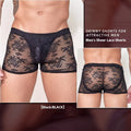 Men's black boxers with lace design detail on a hanger