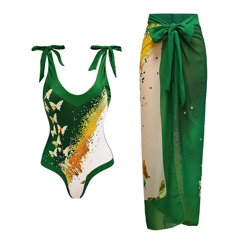 Women's solid colour one-piece swimsuit with removable skirt and spaghetti straps