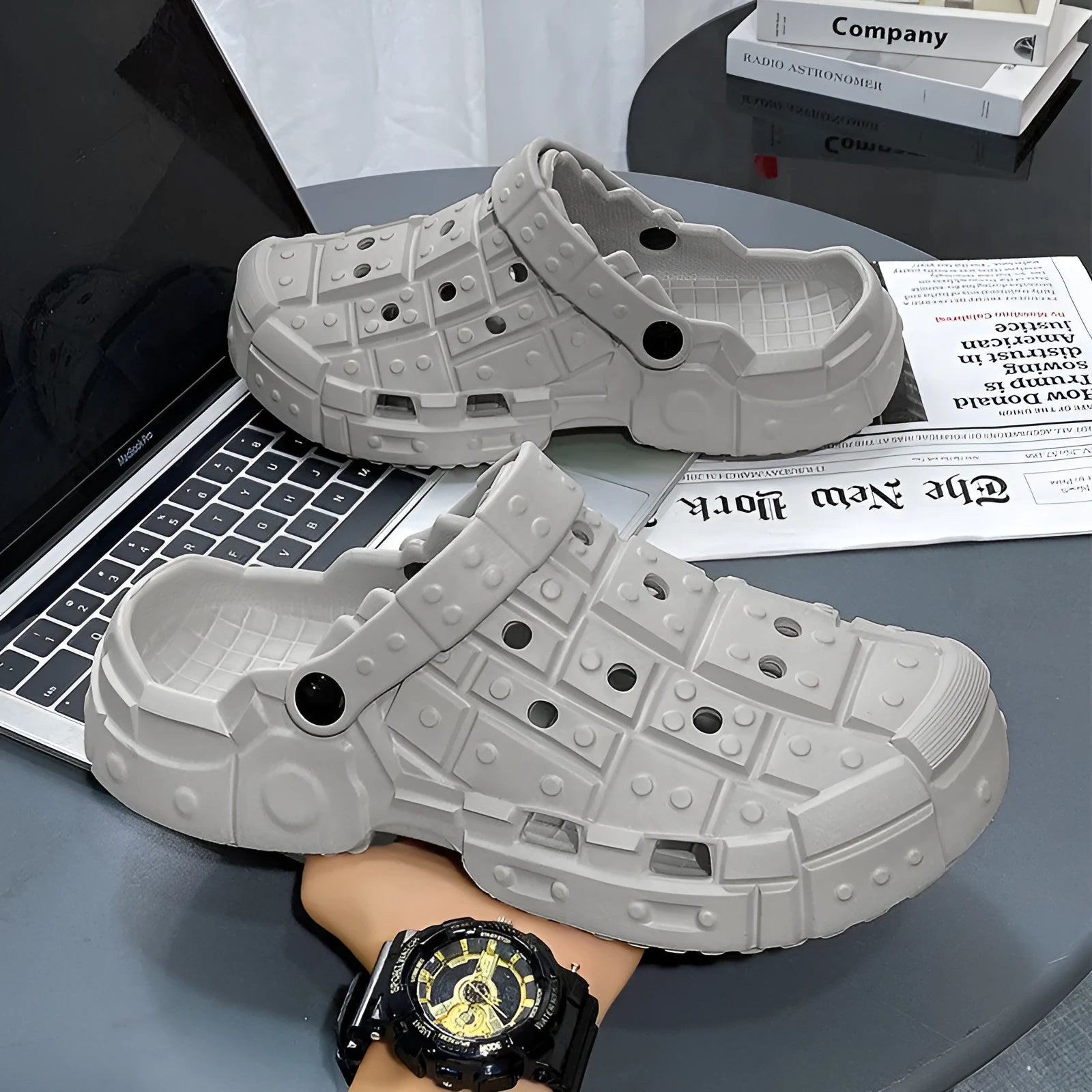 Men's EVA hole shoes slippers in sand colour with non-slip sole and toe holder design