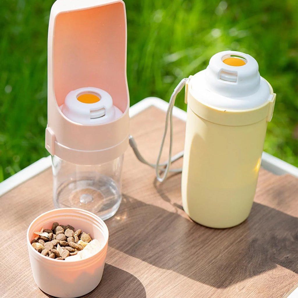 Portable pet water bottle feeder with lanyard showing grey colour option and drinking cup