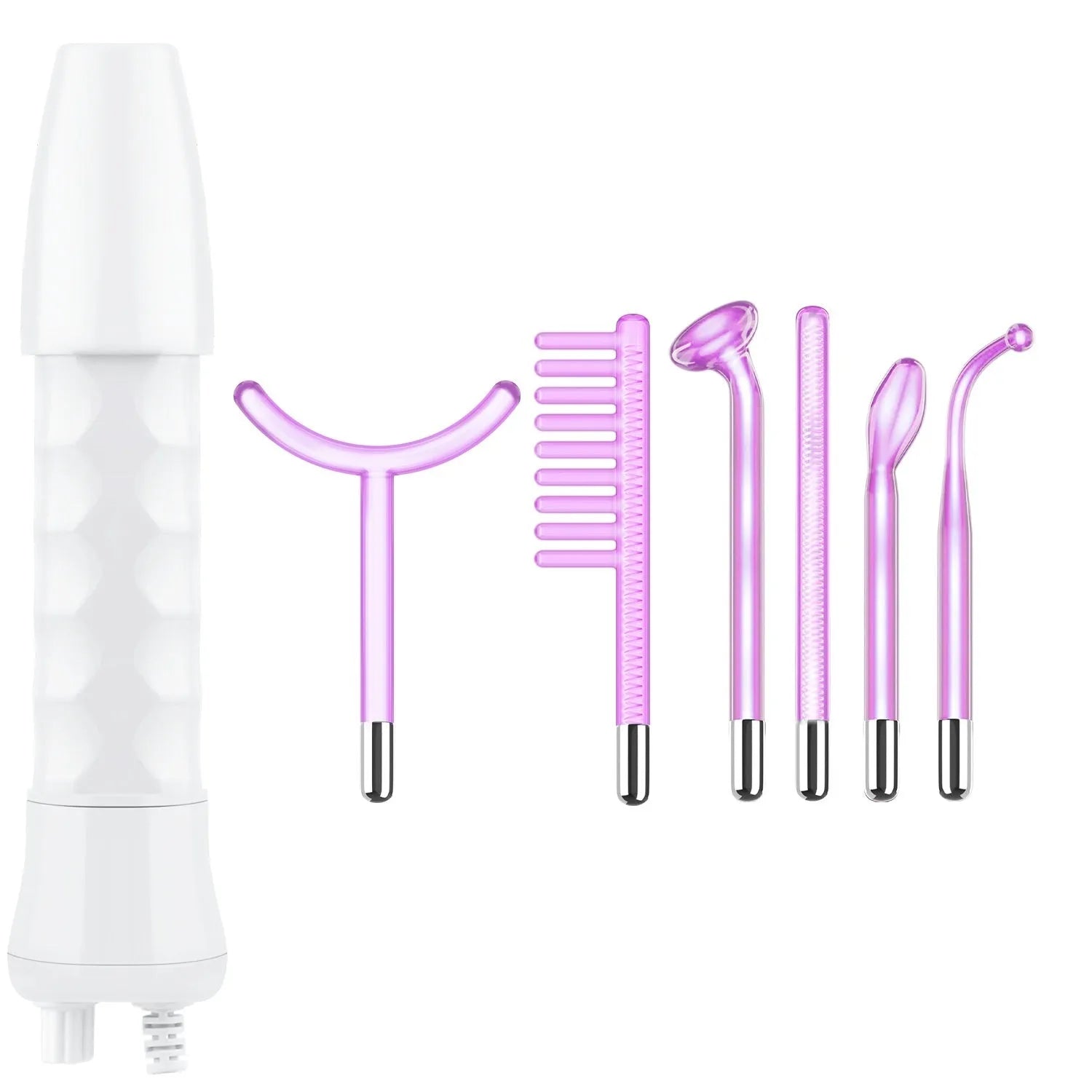 Purple high-frequency electrotherapy rod with six accessory heads for professional skin rejuvenation treatments