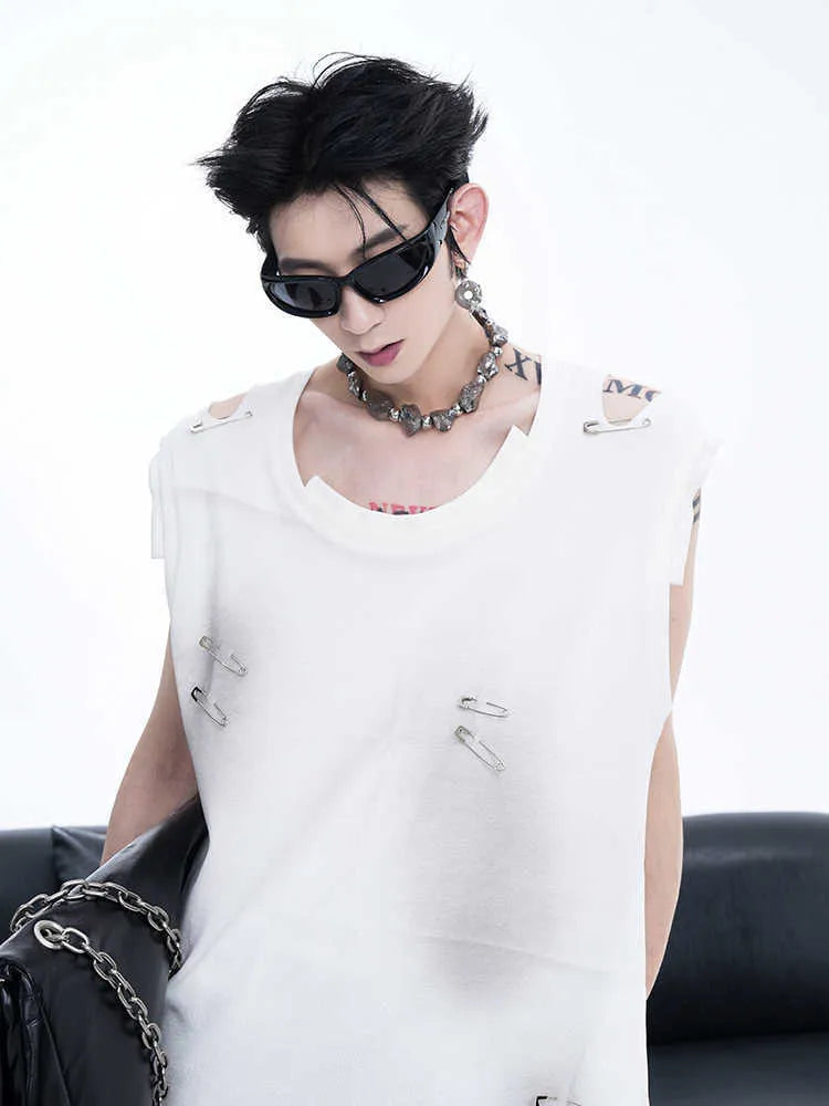 Men's black sleeveless vest t-shirt with irregular rip cut detail and round neck collar.