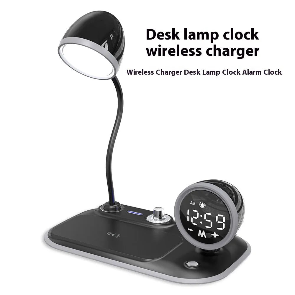 White three-in-one desk lamp with wireless charging pad, digital clock, and broad LED light panel.