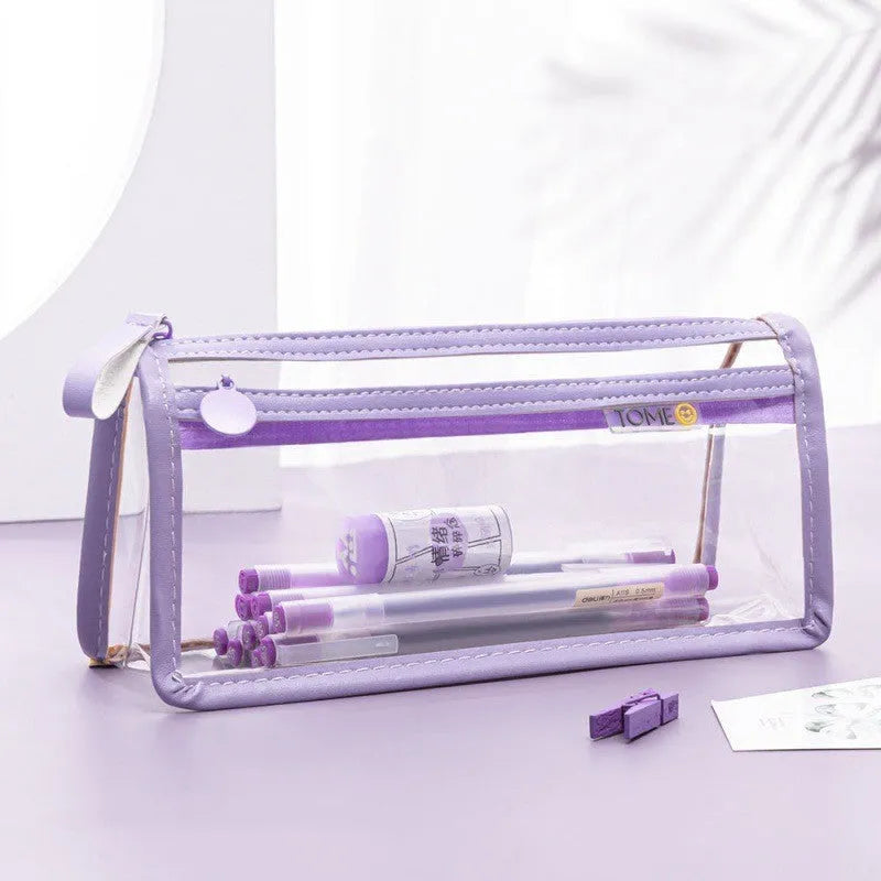 Transparent double-layer pencil case showing two compartments, 220x110x80mm dimensions