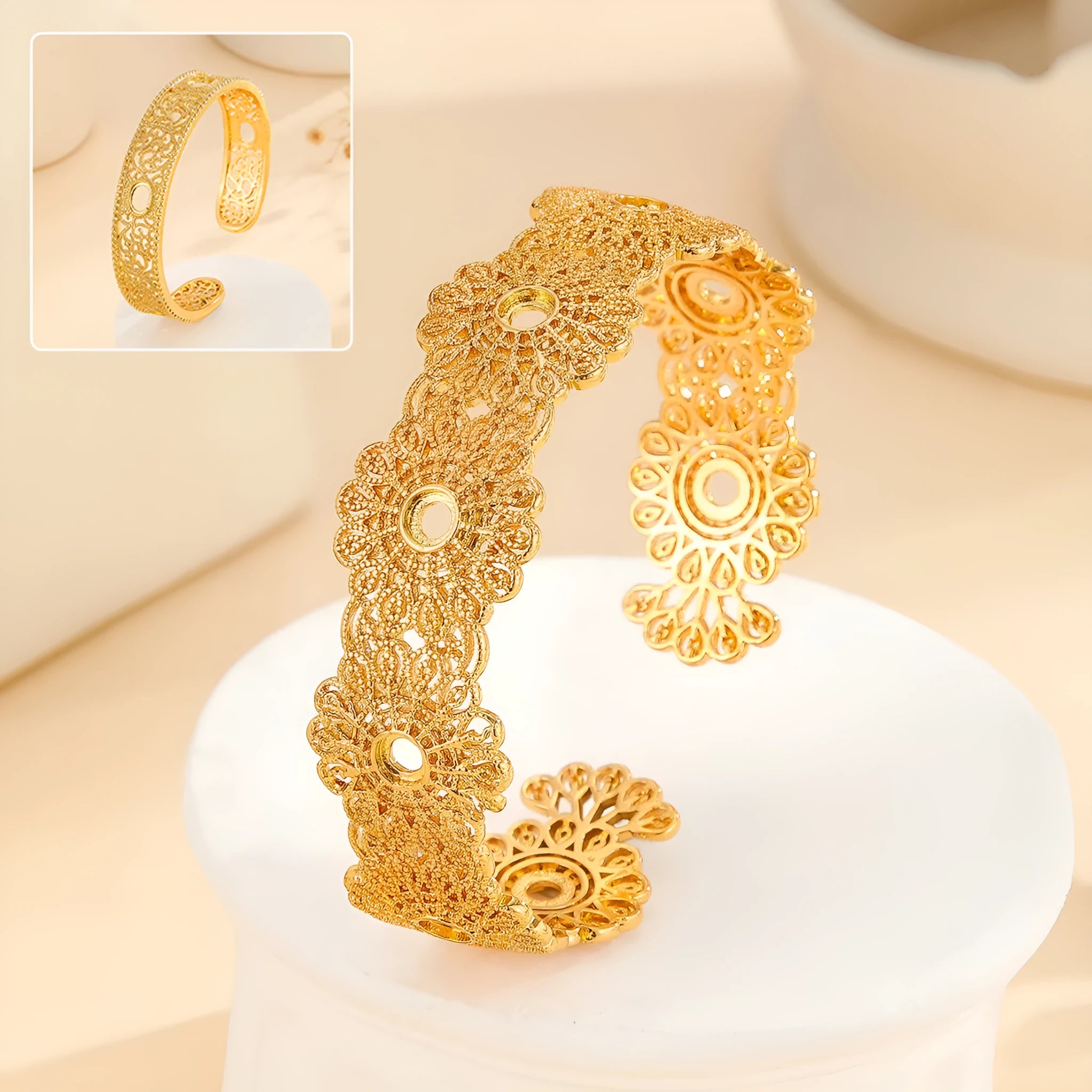 Gold bracelet with hollowed out lace flower design, gold finish, gold plated copper