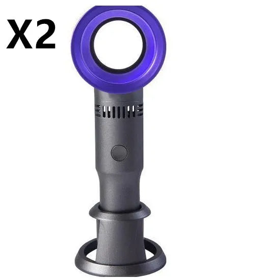Compact portable bladeless desk fan with USB cable and base, shown in blue.