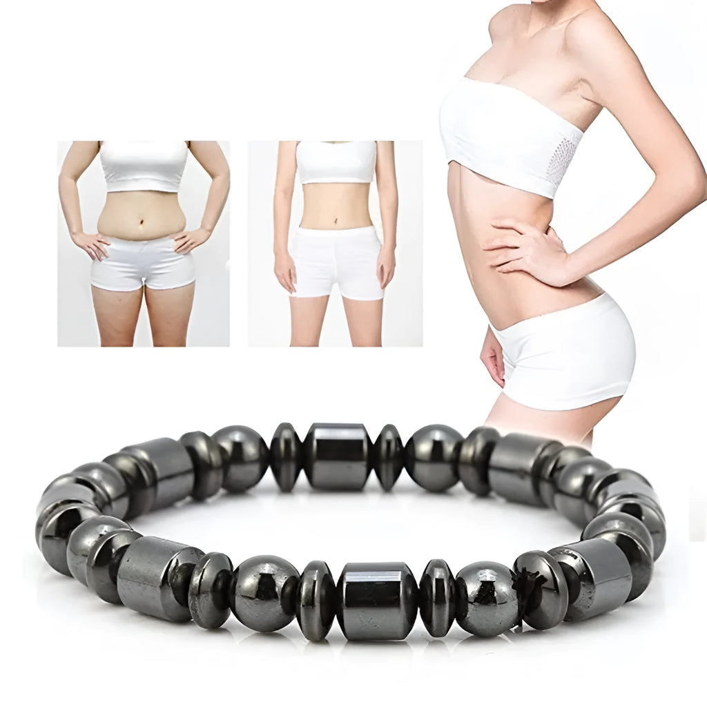 Black pentagram magnetic therapy bracelet made from magnetite and hematite stones with a stretch fit.