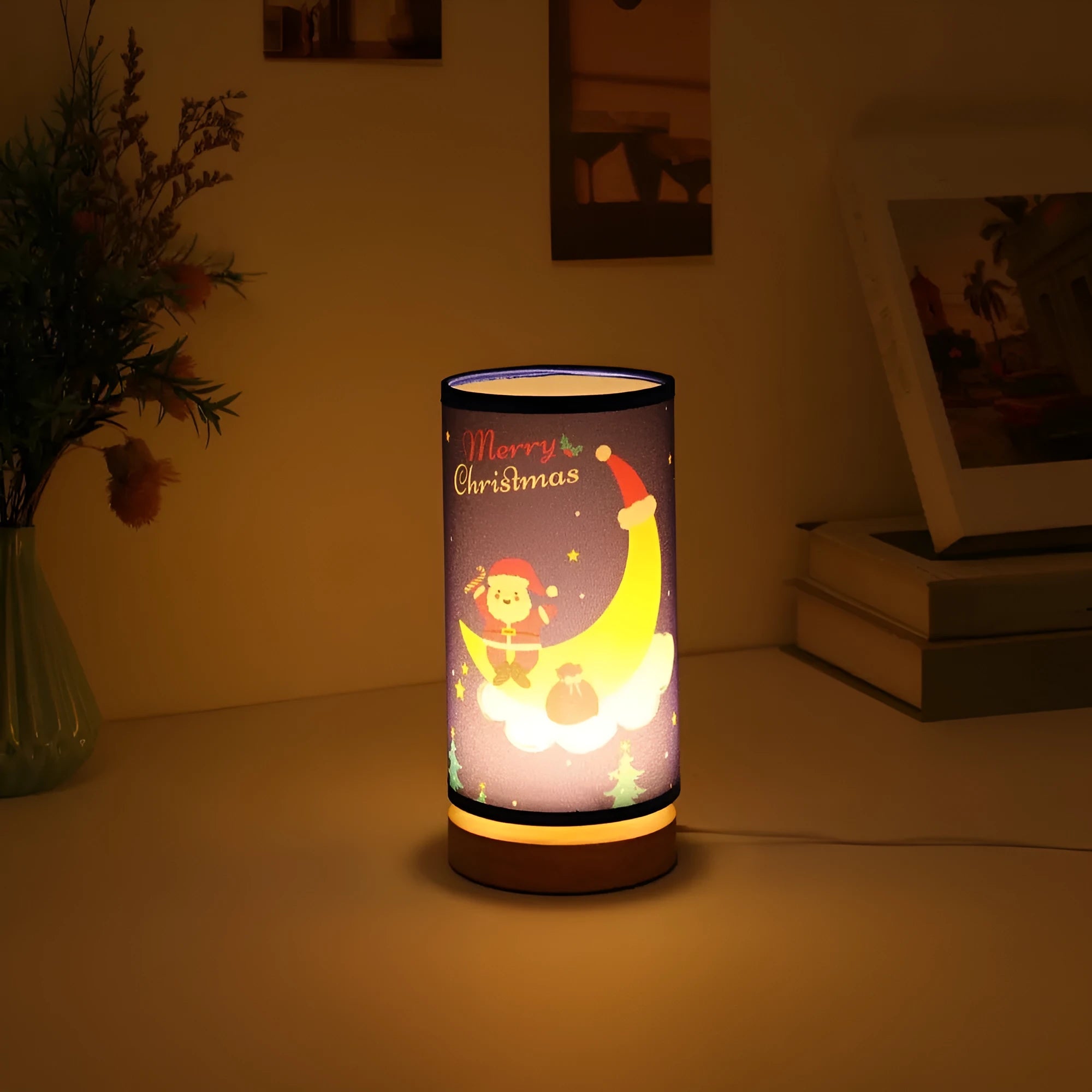 Santa Claus figure LED night light with bamboo lamp holder and USB plug.