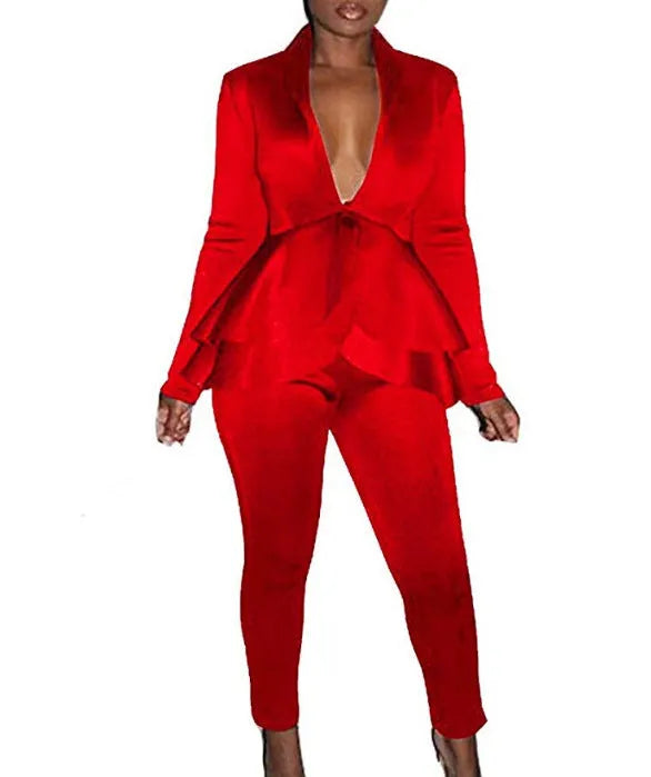 Ruffled air layer business shirt and pencil pants uniform set in multiple colour options
