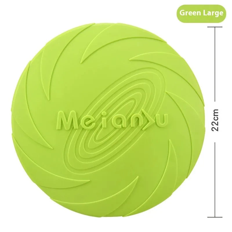 Dogs Base soft rubber dog frisbee toy in red, blue, and green colours shown in small, medium, and large sizes.
