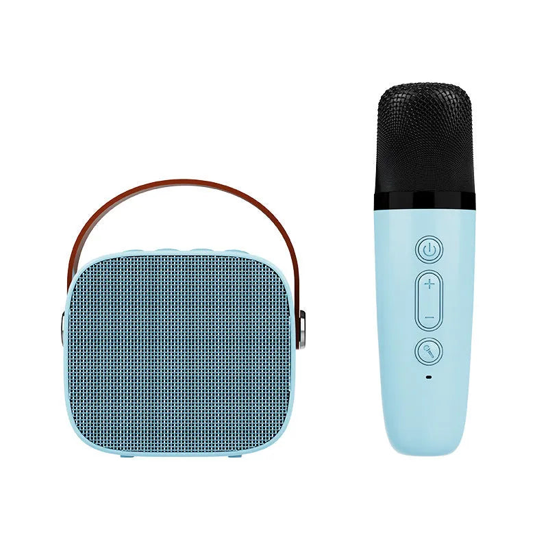 Compact white wireless Bluetooth speaker with microphone, showing USB port.