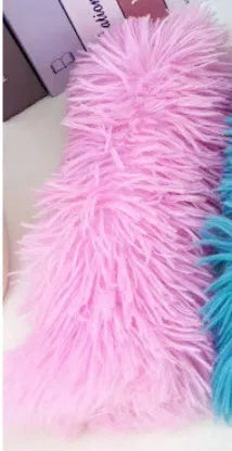 Colourful cat plush toy pillow in blue, green, pink, or white, showing soft texture and 27cm length.