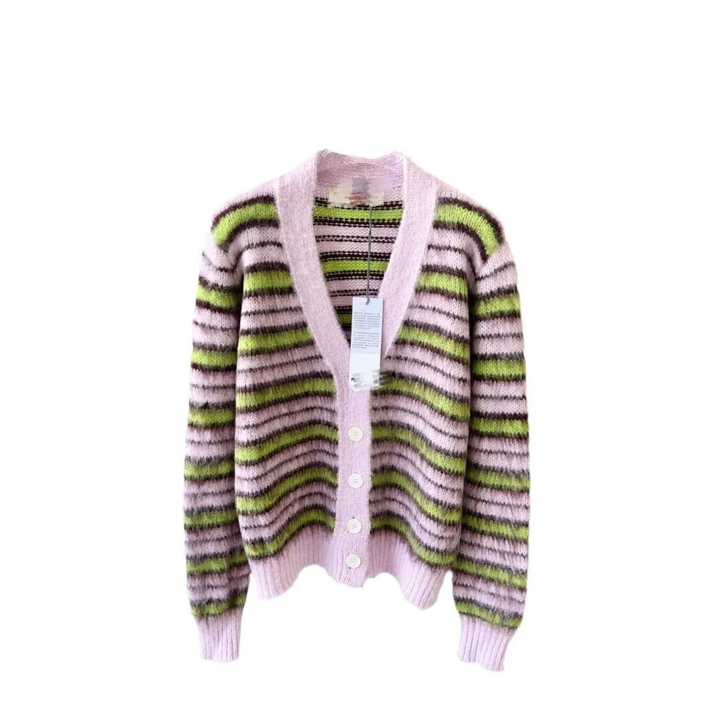 Pink wool knitted cardigan sweater with contrast colour detailing and regular sleeves