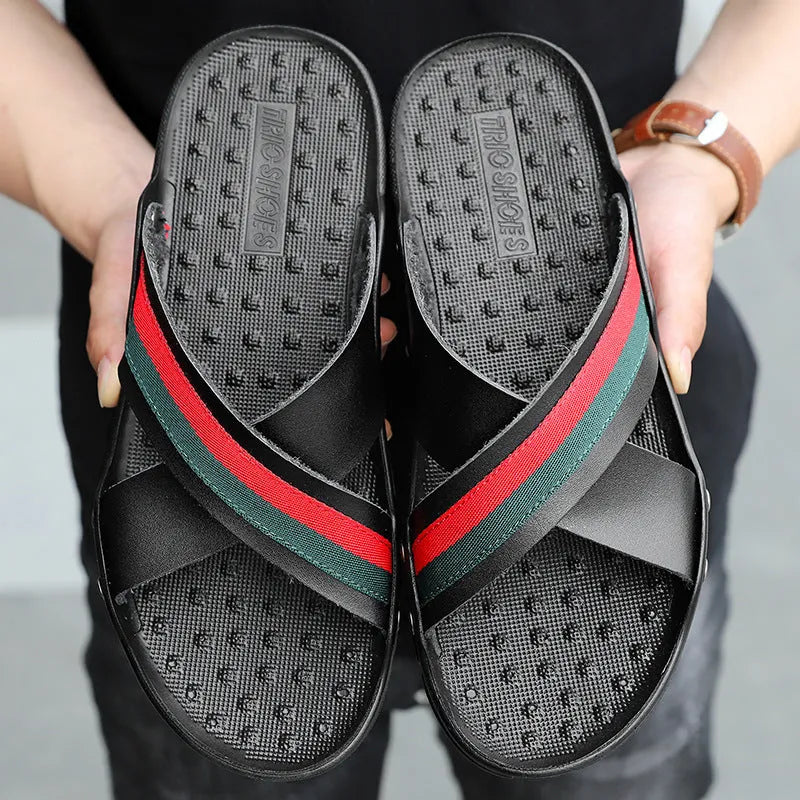 Men's cowhide and PU beach sandals in white, blue, and black colours on a size chart background.