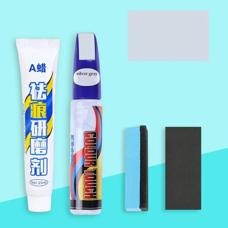 Automotive paint repair pen kit with touch-up fluid, scratch wax, sponge, and sandpaper.