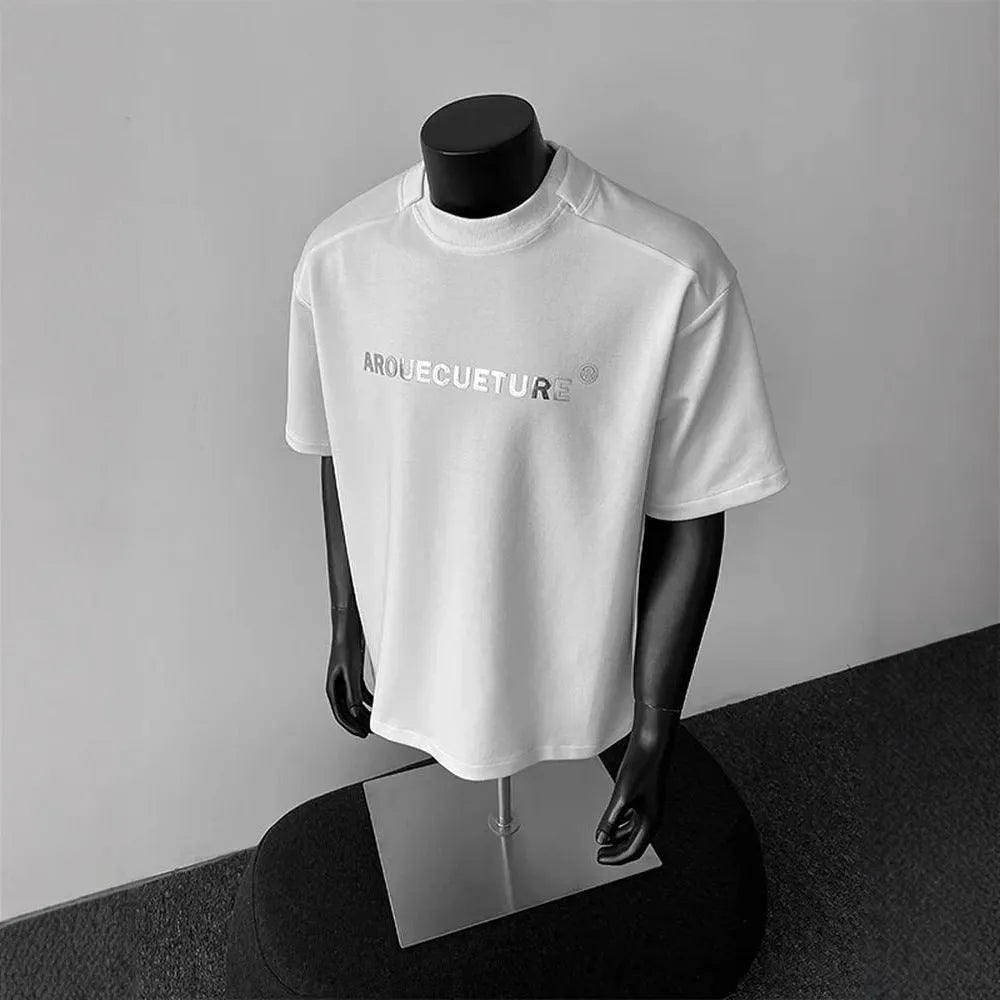 Men's short sleeve cotton shirt in loose fit pullover style with letter pattern