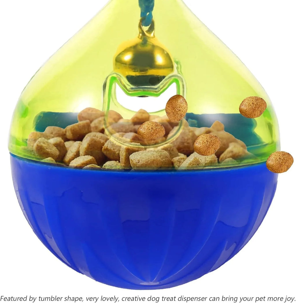 Blue tumbler-shaped interactive pet treat dispenser toy for dogs and cats