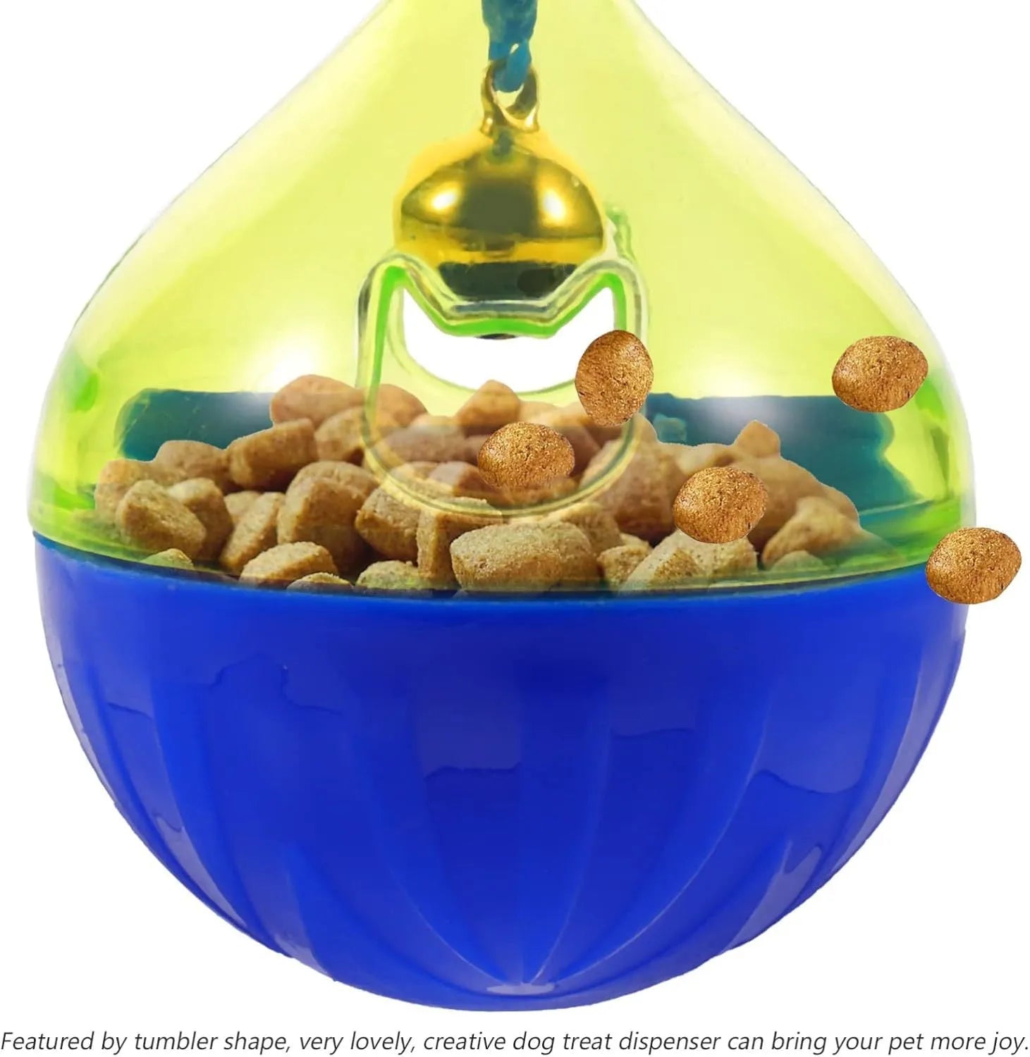 Blue tumbler-shaped interactive pet treat dispenser toy for dogs and cats