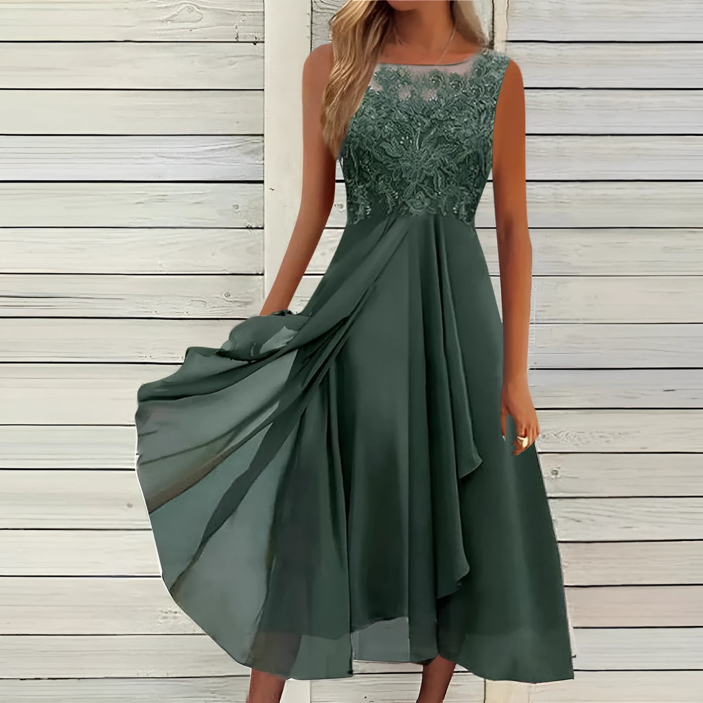 Women's sleeveless chiffon dress with lace hollow-out stitching in green, shown in midi length princess style