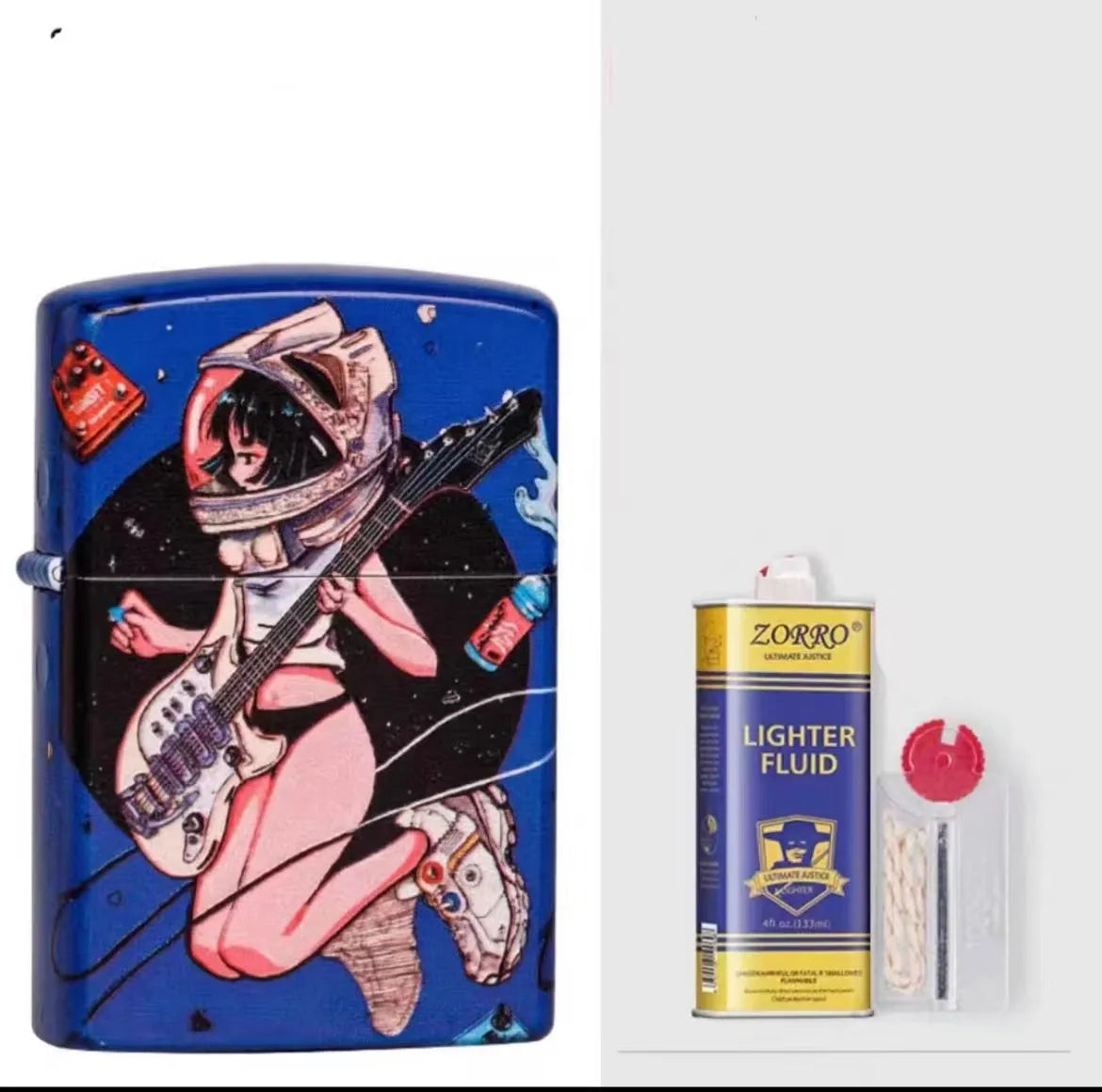 Windproof kerosene lighter with decorative copper case showing artistic design