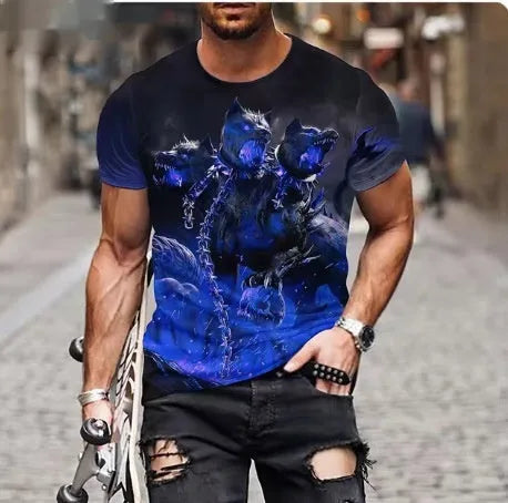 Men's black t-shirt with a fierce 3D lion head print on the front.