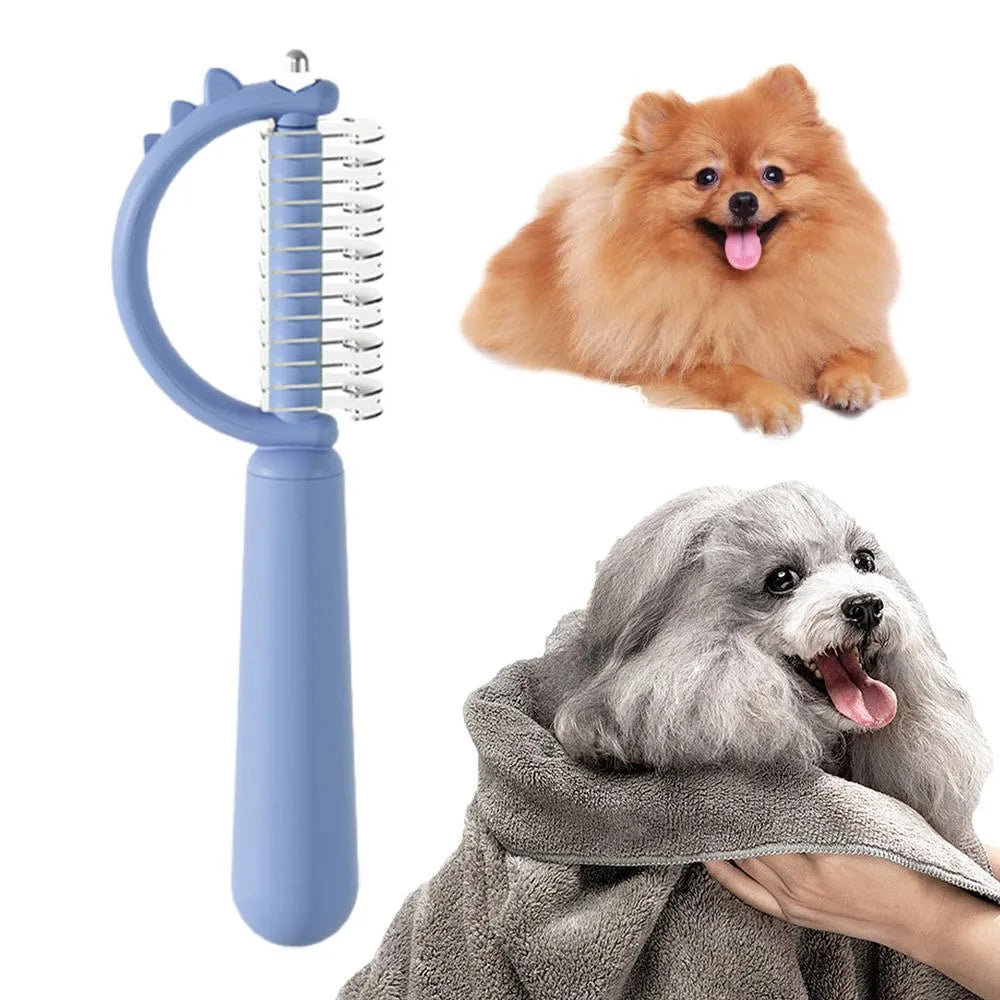 Dinosaur-shaped self-cleaning cat brush with stainless steel bristles in blue, green or white