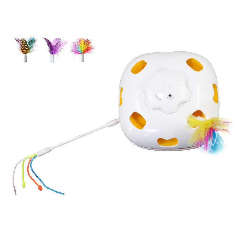 Plastic self-hitting cat teaser toy showing picture colour design and automatic mechanism