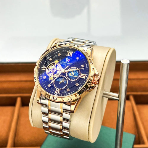Automatic mechanical men's watch with rose gold shell and black dial surface