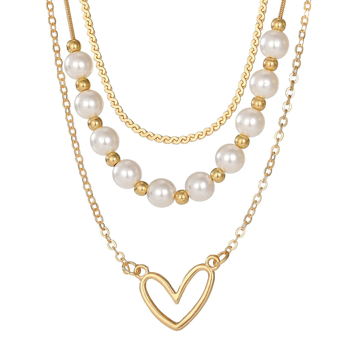 Vintage gold necklace with heart pendant on pearl-style chain, adjustable 41-50cm length