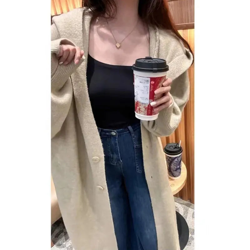 Long grey hooded knitted cardigan for women in loose Korean-style fit.