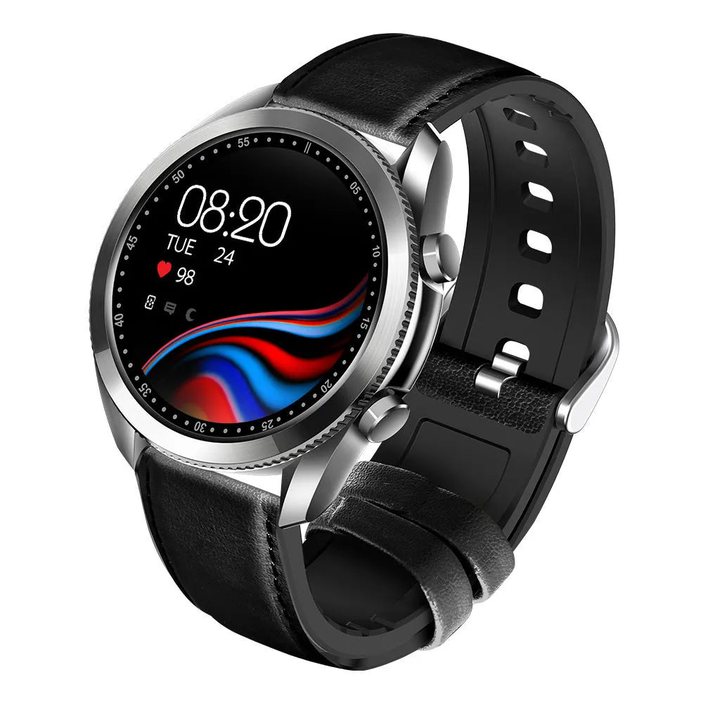 UM90 smart call watch with large screen on leather strap, showing fitness tracking interface.