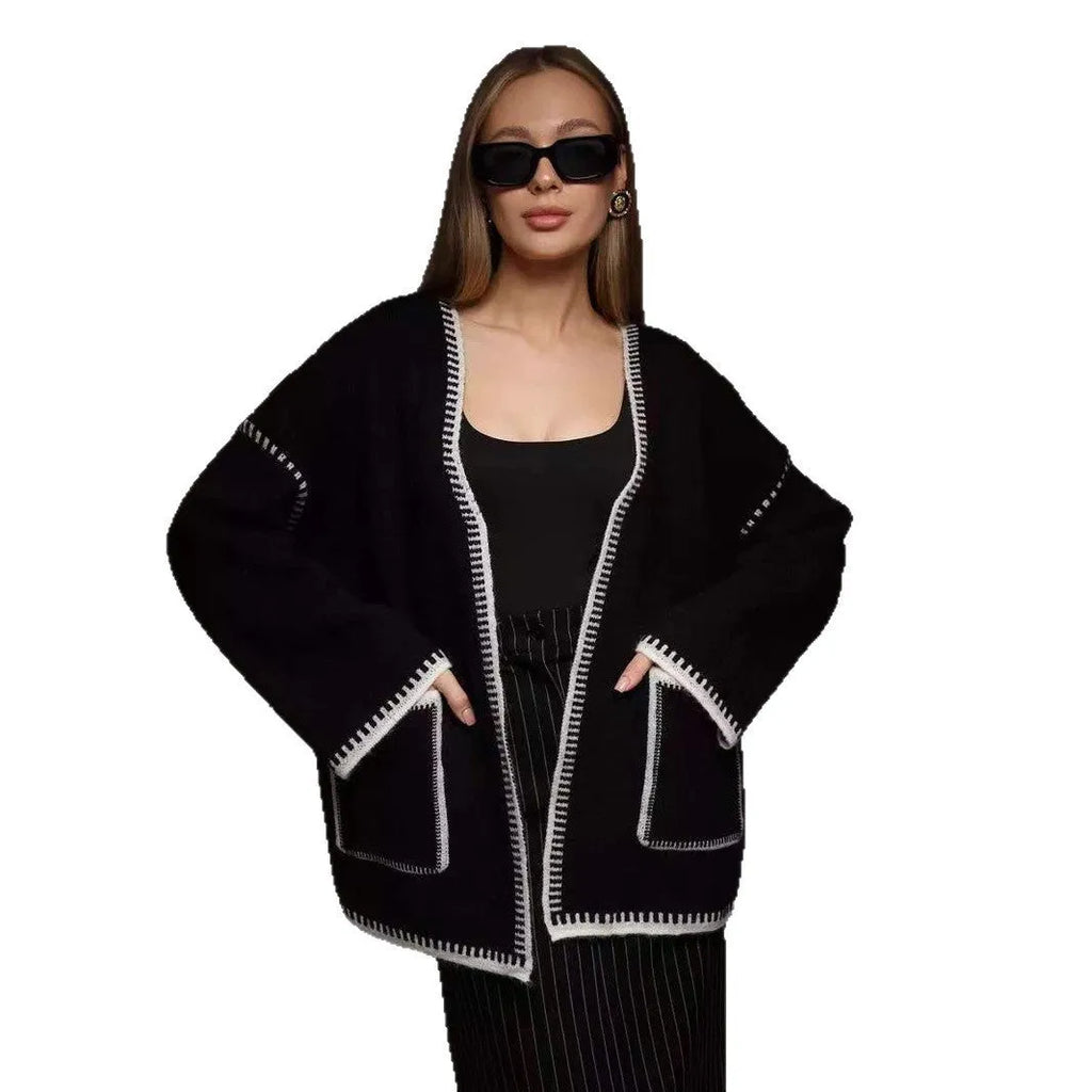 Loose lace-up knitted cardigan sweater coat in white, black, or camel colour with 50cm normal length