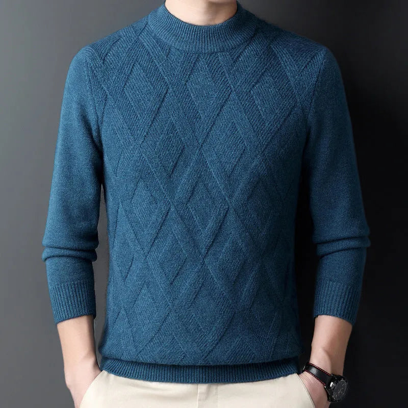 Men's winter thermal wool diamond jacquard pullover sweater shown in light camel colour
