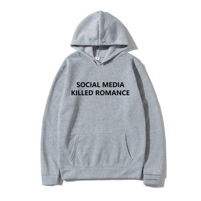 Slim fit men's grey hoodie with a white spring letter pattern print on the front, featuring a hood and long sleeves.
