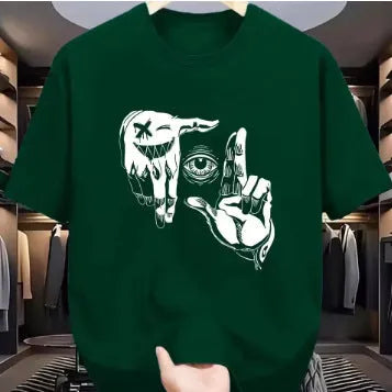 Men's mesh t-shirt with cartoon print design in multiple colour options showing round neck and short sleeves