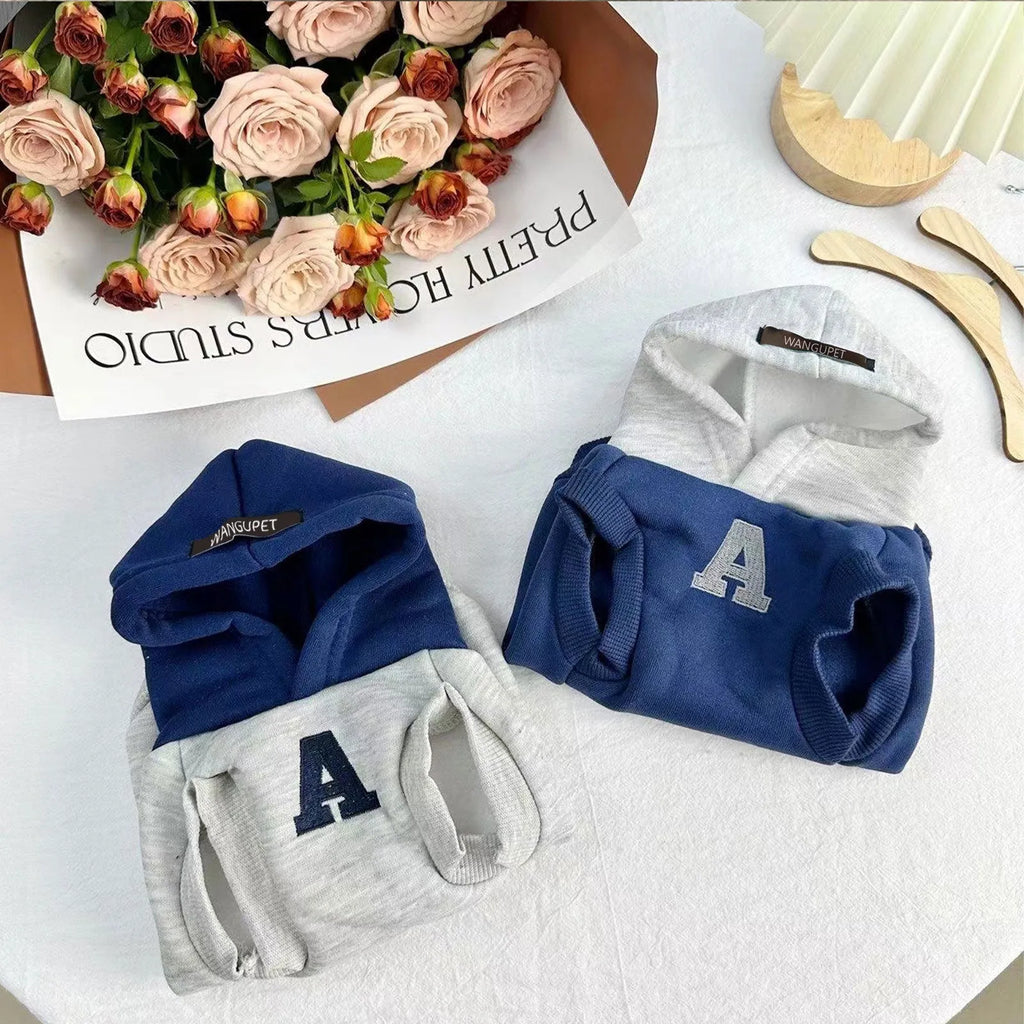 Blue pet sweater with reflective letters for a dog, showing slim-fitting design.