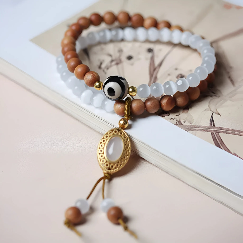 Sandalwood double ring and opal Tibetan bead bracelet with retro mixed material design