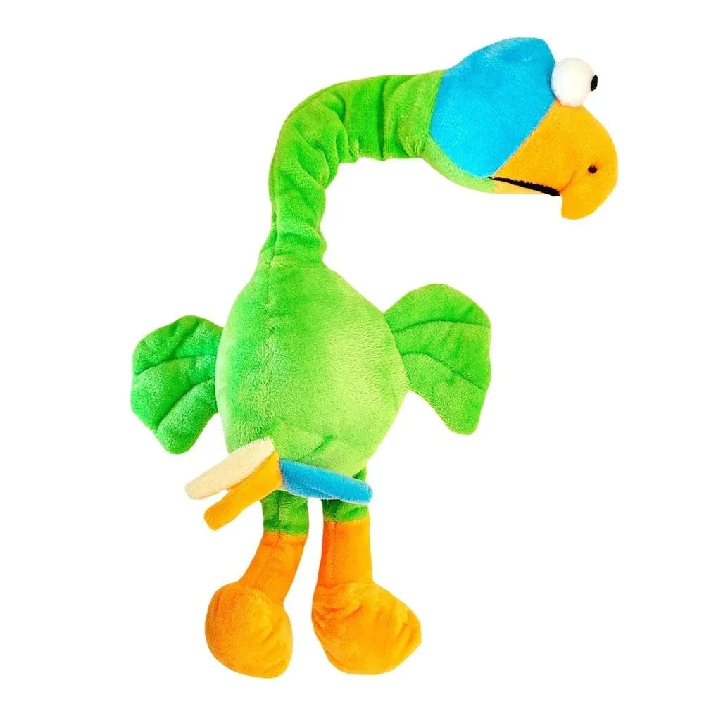 Screaming chicken sound dog chew toy in bite-resistant material, shown in black, green, and orange.
