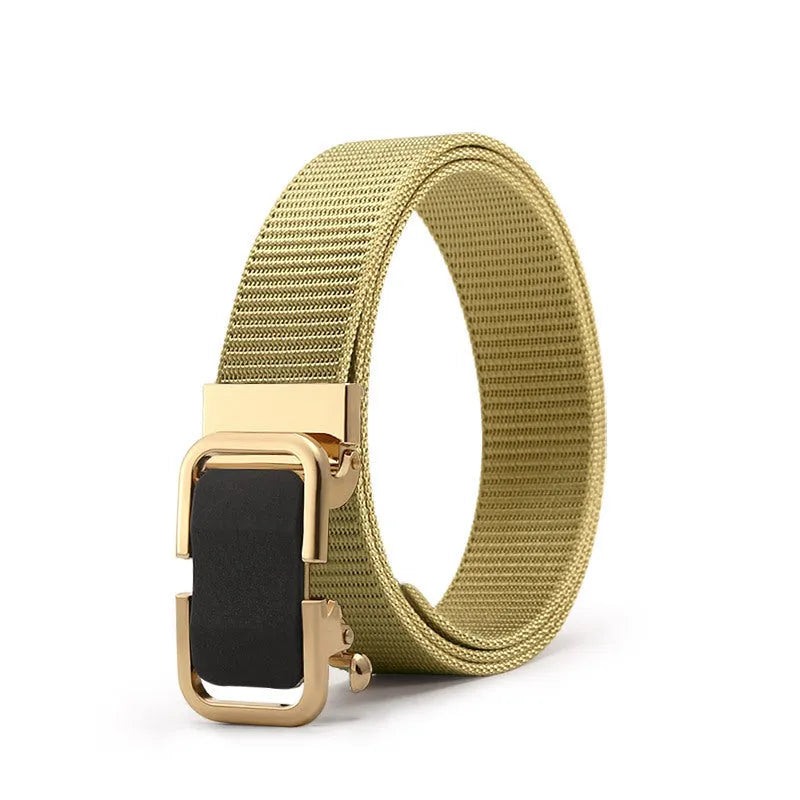 Men's nylon canvas belt with alloy buckle and toothless clasp in khaki colour