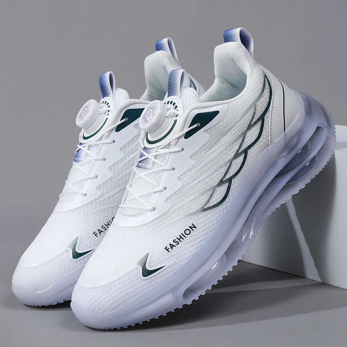 White youth sports shoes with rotating button fastening and mesh upper