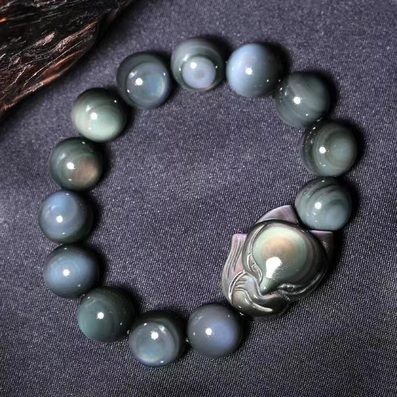 Obsidian fox carved bracelet unisex natural stone beads 10MM to 16MM