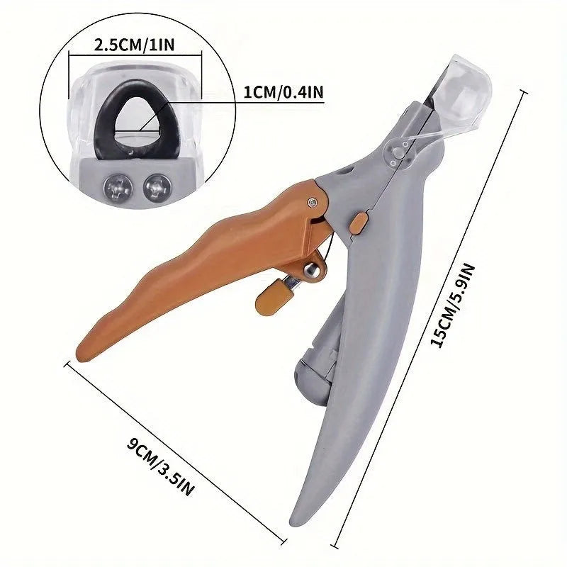 Yellow LED pet nail trimmer with magnifying glass and built-in nail catcher for cats and dogs.