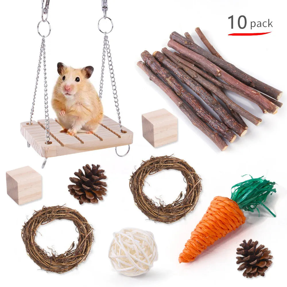 Wooden pet chewing toys bundle for rabbits guinea pigs and parrots with natural wood materials