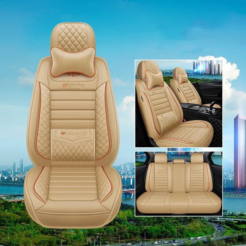 Leather car seat cushion with high elastic sponge filling in red, green, or brown colours.