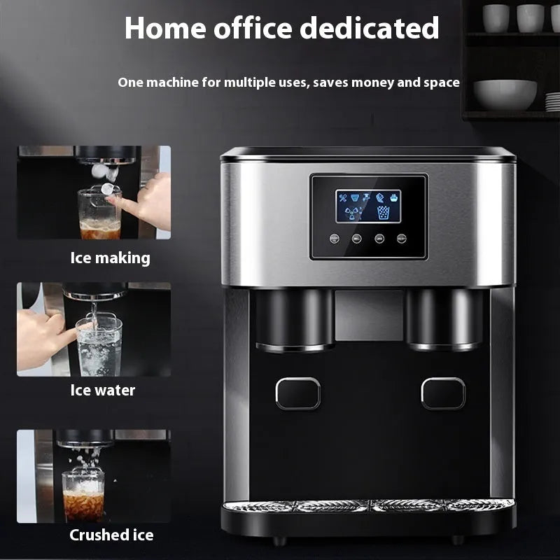Black desktop ice maker with stainless steel ice box showing ice crushing and cold water functions