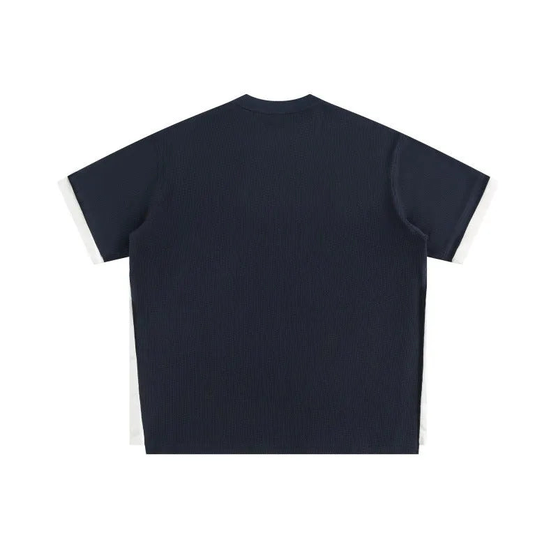 Retro alphabet embroidered loose waffle T-shirt in navy blue, white flower grey, or yellow colours