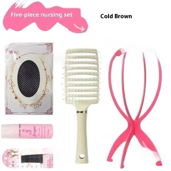 Natural black straight forehead lace wig with styling accessories displayed on bracket