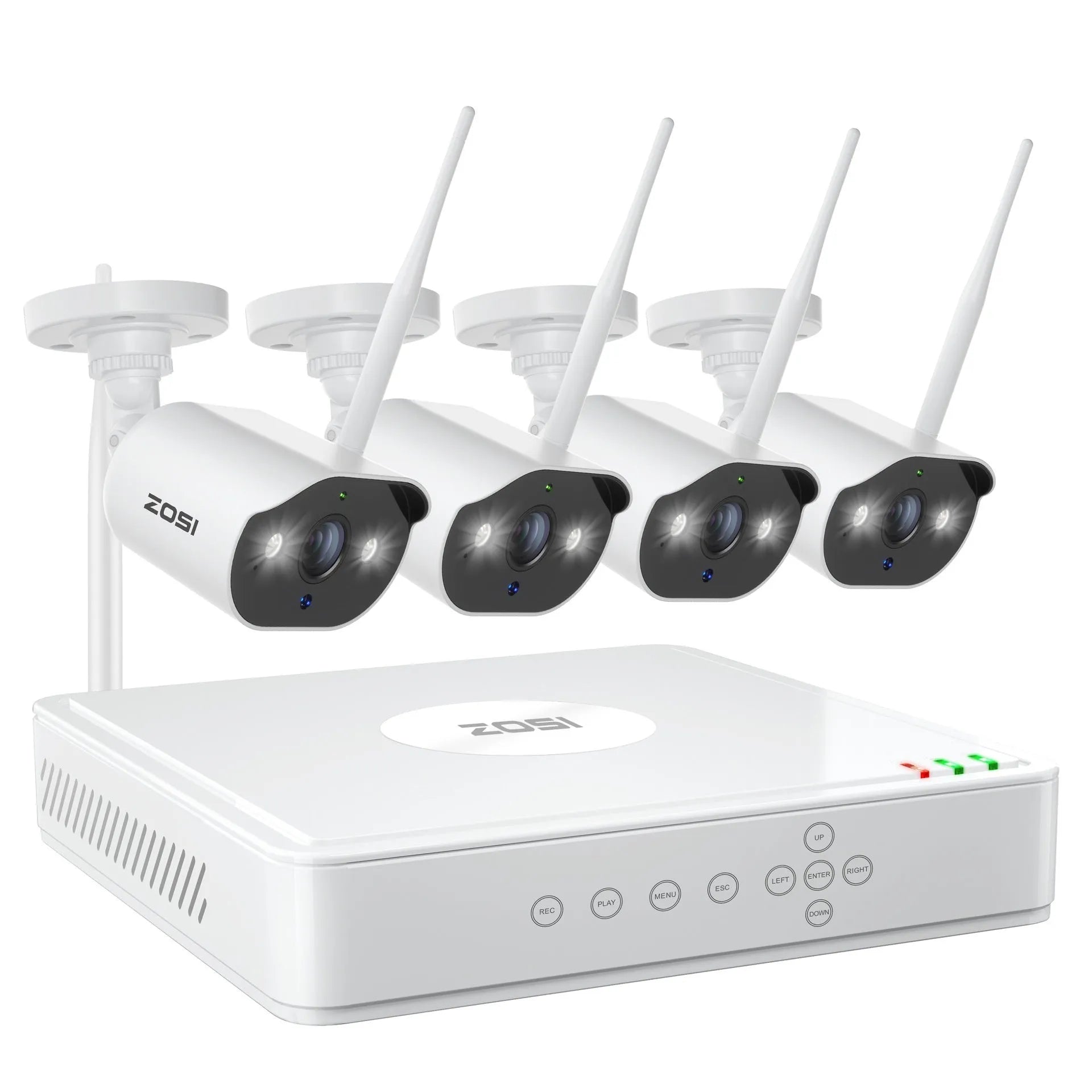ZOSI 4-way POE security camera system with NVR and outdoor cameras for remote HD monitoring.
