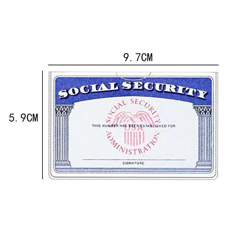 Clear transparent PVC card holder for social security and ID cards, size 9.7 by 5.9 centimetres.